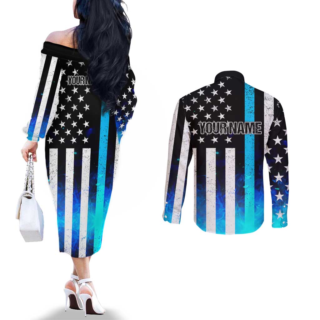 Personalized Blue Flame American Flag Dart Couples Matching Off The Shoulder Long Sleeve Dress and Long Sleeve Button Shirt Patriotic Dartboard Design - Wonder Print Shop