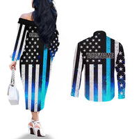 Personalized Blue Flame American Flag Dart Couples Matching Off The Shoulder Long Sleeve Dress and Long Sleeve Button Shirt Patriotic Dartboard Design - Wonder Print Shop