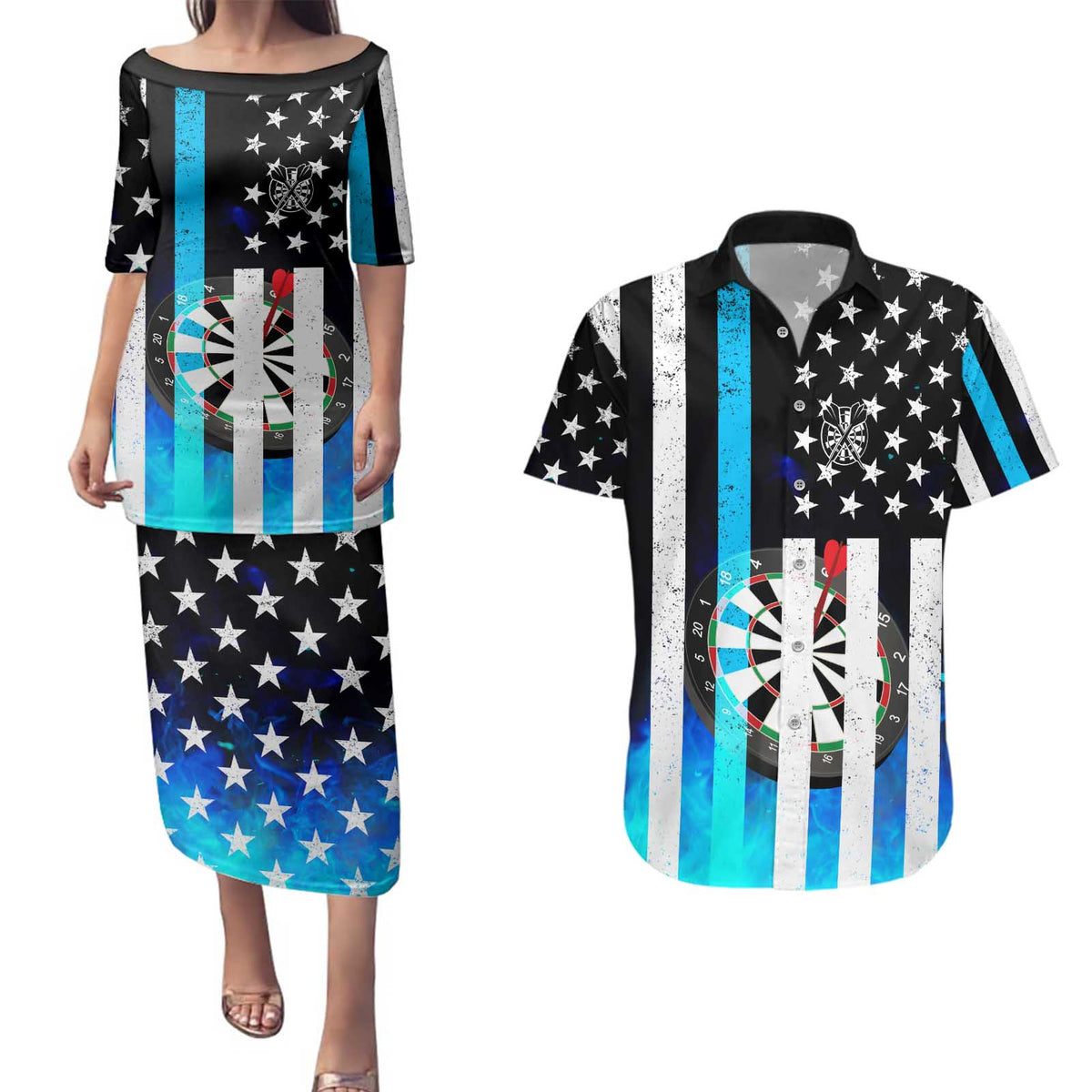 Personalized Blue Flame American Flag Dart Couples Matching Puletasi and Hawaiian Shirt Patriotic Dartboard Design - Wonder Print Shop