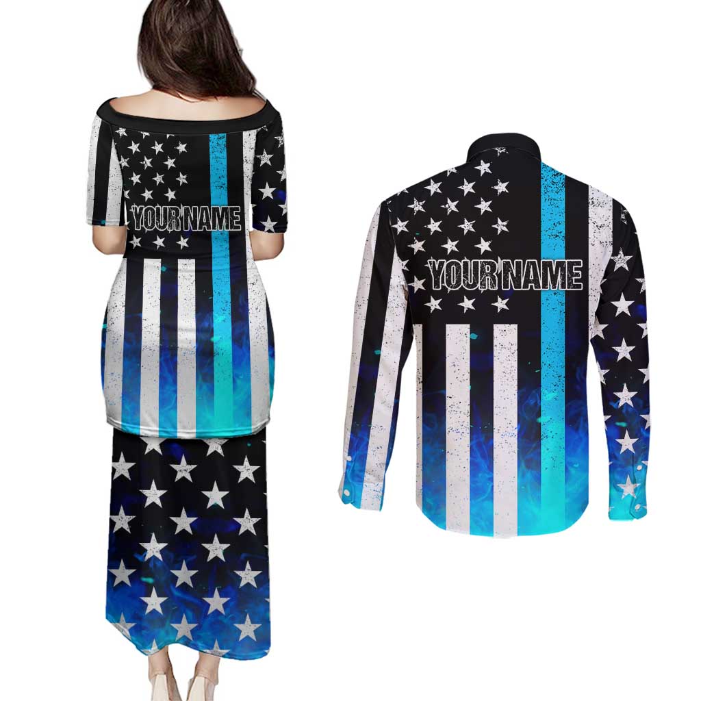 Personalized Blue Flame American Flag Dart Couples Matching Puletasi and Long Sleeve Button Shirt Patriotic Dartboard Design - Wonder Print Shop