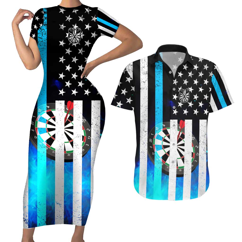 Personalized Blue Flame American Flag Dart Couples Matching Short Sleeve Bodycon Dress and Hawaiian Shirt Patriotic Dartboard Design - Wonder Print Shop