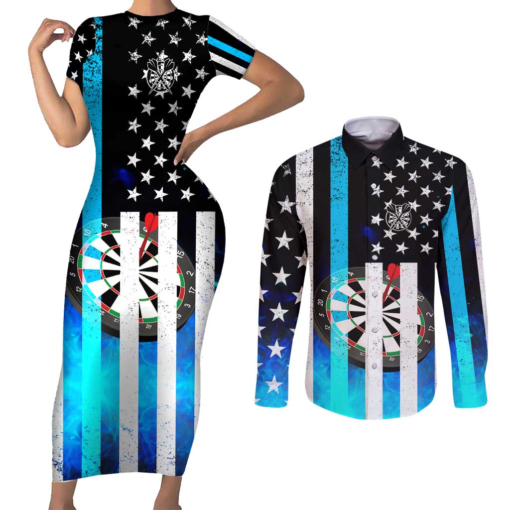 Personalized Blue Flame American Flag Dart Couples Matching Short Sleeve Bodycon Dress and Long Sleeve Button Shirt Patriotic Dartboard Design - Wonder Print Shop