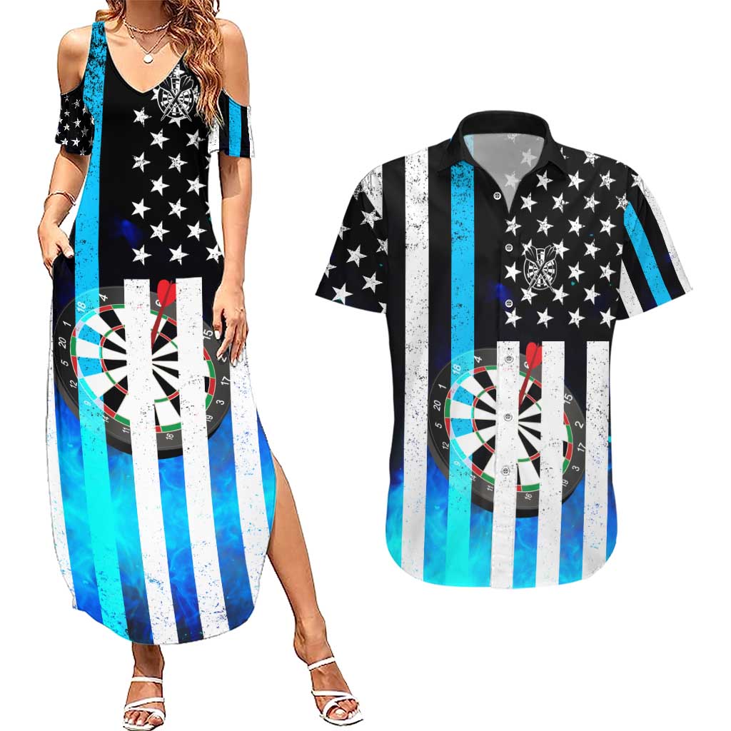 Personalized Blue Flame American Flag Dart Couples Matching Summer Maxi Dress and Hawaiian Shirt Patriotic Dartboard Design - Wonder Print Shop