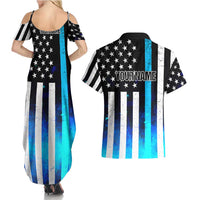 Personalized Blue Flame American Flag Dart Couples Matching Summer Maxi Dress and Hawaiian Shirt Patriotic Dartboard Design - Wonder Print Shop