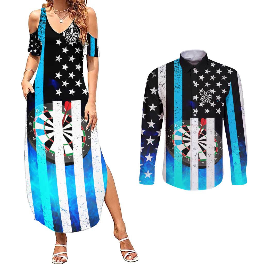 Personalized Blue Flame American Flag Dart Couples Matching Summer Maxi Dress and Long Sleeve Button Shirt Patriotic Dartboard Design - Wonder Print Shop