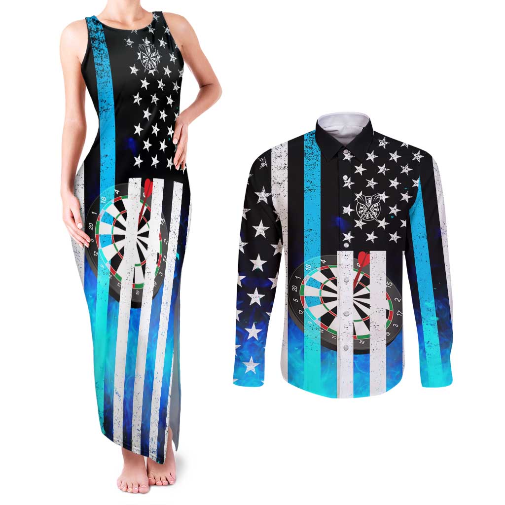 Personalized Blue Flame American Flag Dart Couples Matching Tank Maxi Dress and Long Sleeve Button Shirt Patriotic Dartboard Design - Wonder Print Shop