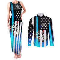 Personalized Blue Flame American Flag Dart Couples Matching Tank Maxi Dress and Long Sleeve Button Shirt Patriotic Dartboard Design - Wonder Print Shop