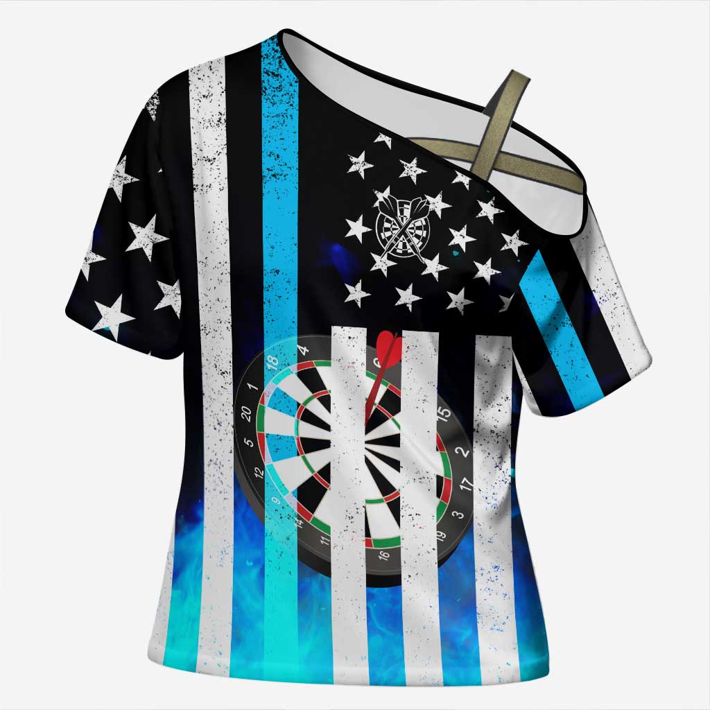 Personalized Blue Flame American Flag Dart Cross Shoulder Shirt Patriotic Dartboard Design - Wonder Print Shop