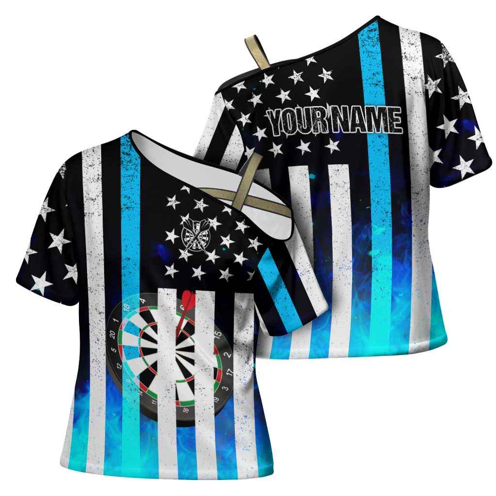 Personalized Blue Flame American Flag Dart Cross Shoulder Shirt Patriotic Dartboard Design - Wonder Print Shop