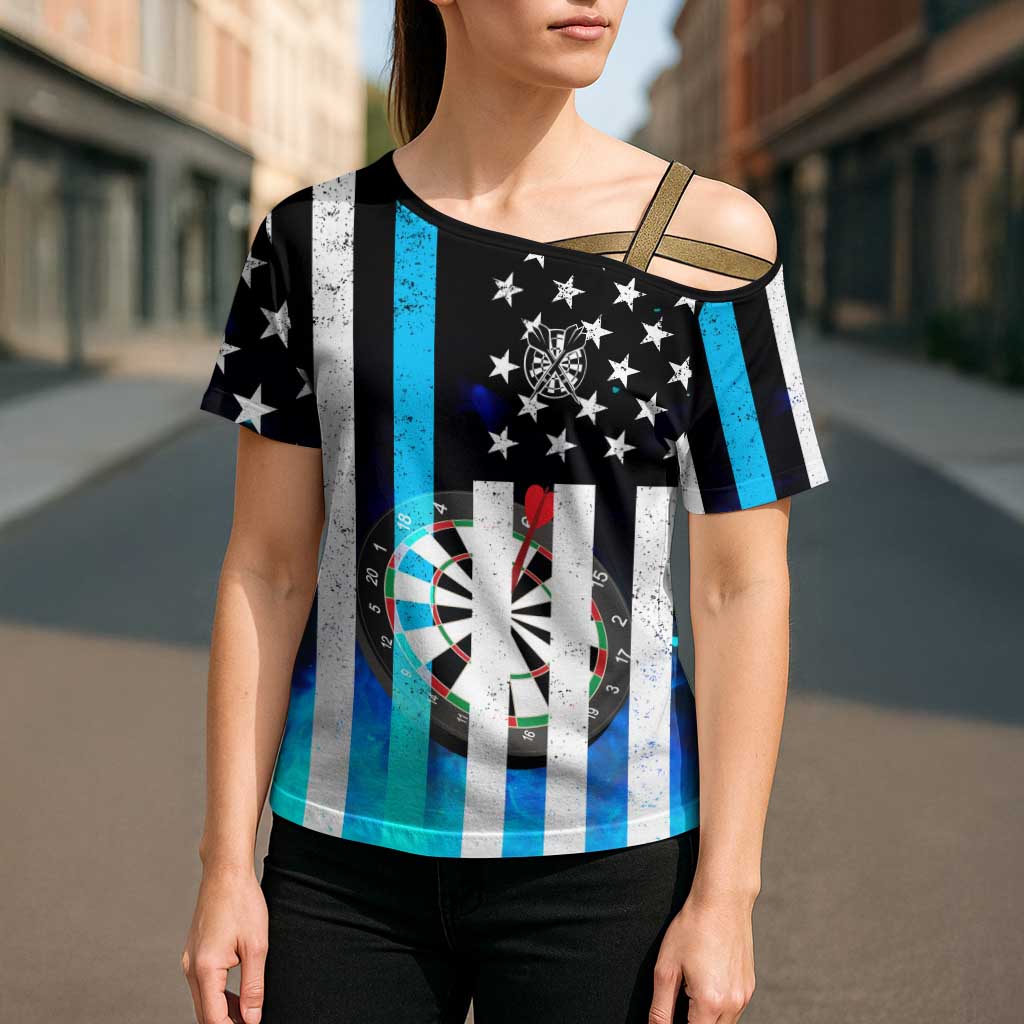 Personalized Blue Flame American Flag Dart Cross Shoulder Shirt Patriotic Dartboard Design - Wonder Print Shop