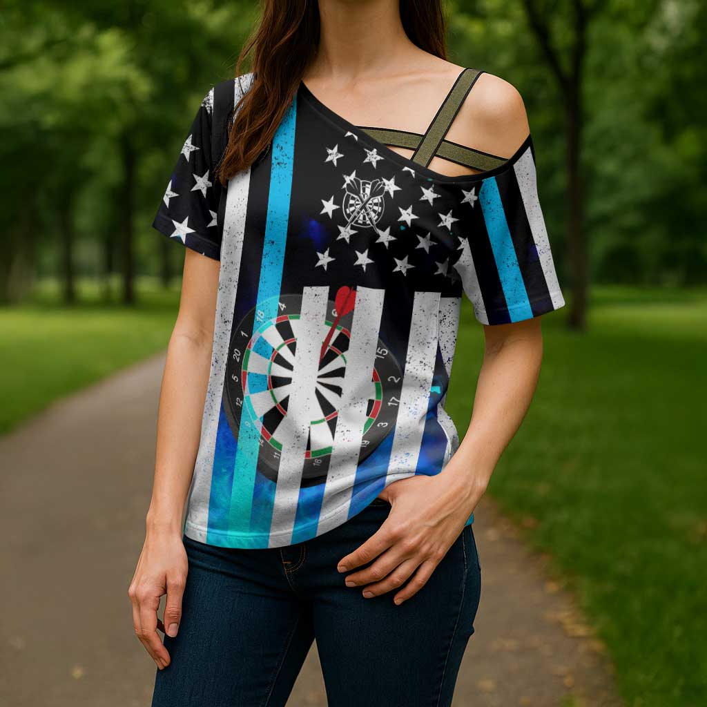 Personalized Blue Flame American Flag Dart Cross Shoulder Shirt Patriotic Dartboard Design - Wonder Print Shop