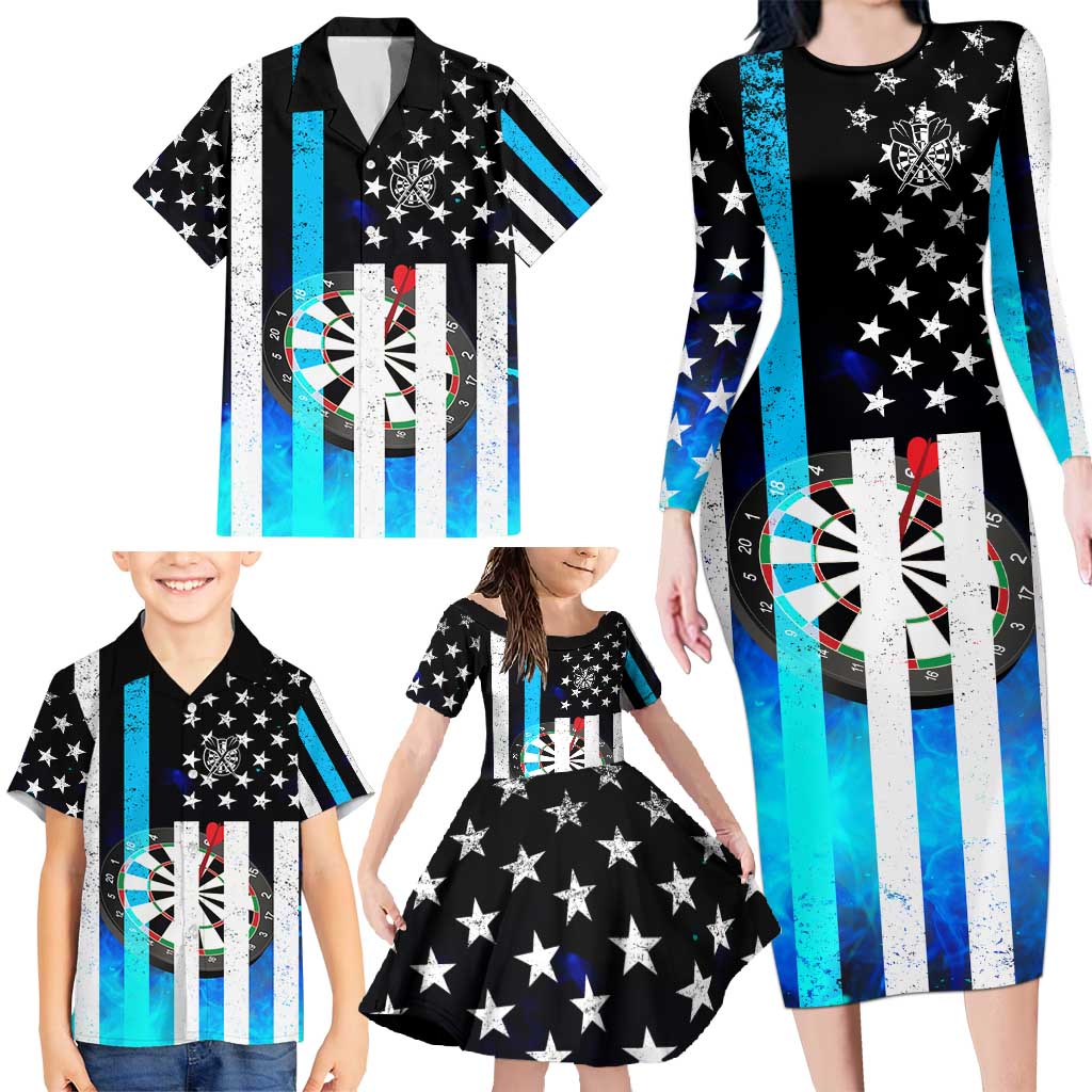 Personalized Blue Flame American Flag Dart Family Matching Long Sleeve Bodycon Dress and Hawaiian Shirt Patriotic Dartboard Design - Wonder Print Shop