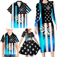 Personalized Blue Flame American Flag Dart Family Matching Long Sleeve Bodycon Dress and Hawaiian Shirt Patriotic Dartboard Design - Wonder Print Shop