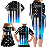Personalized Blue Flame American Flag Dart Family Matching Long Sleeve Bodycon Dress and Hawaiian Shirt Patriotic Dartboard Design - Wonder Print Shop