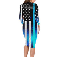Personalized Blue Flame American Flag Dart Family Matching Long Sleeve Bodycon Dress and Hawaiian Shirt Patriotic Dartboard Design - Wonder Print Shop