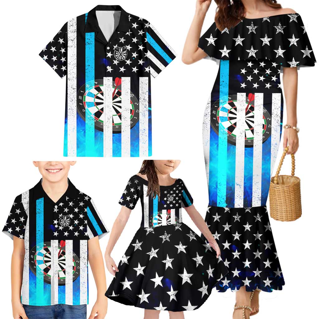 Personalized Blue Flame American Flag Dart Family Matching Mermaid Dress and Hawaiian Shirt Patriotic Dartboard Design - Wonder Print Shop