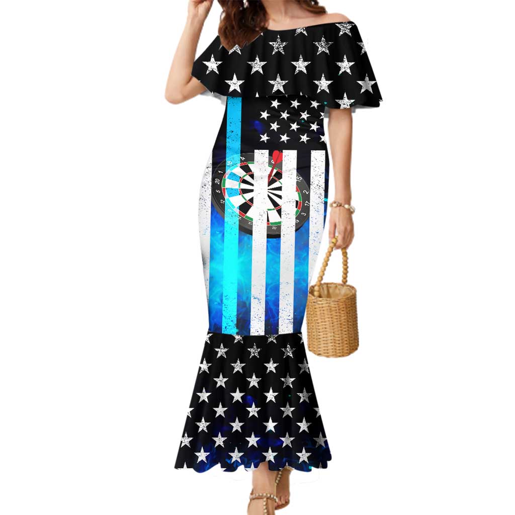 Personalized Blue Flame American Flag Dart Family Matching Mermaid Dress and Hawaiian Shirt Patriotic Dartboard Design - Wonder Print Shop