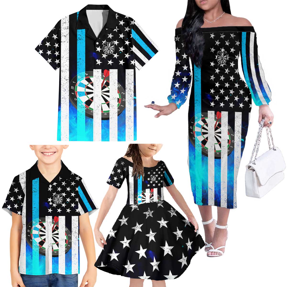 Personalized Blue Flame American Flag Dart Family Matching Off The Shoulder Long Sleeve Dress and Hawaiian Shirt Patriotic Dartboard Design - Wonder Print Shop