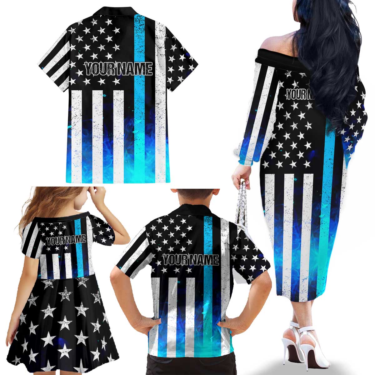 Personalized Blue Flame American Flag Dart Family Matching Off The Shoulder Long Sleeve Dress and Hawaiian Shirt Patriotic Dartboard Design - Wonder Print Shop