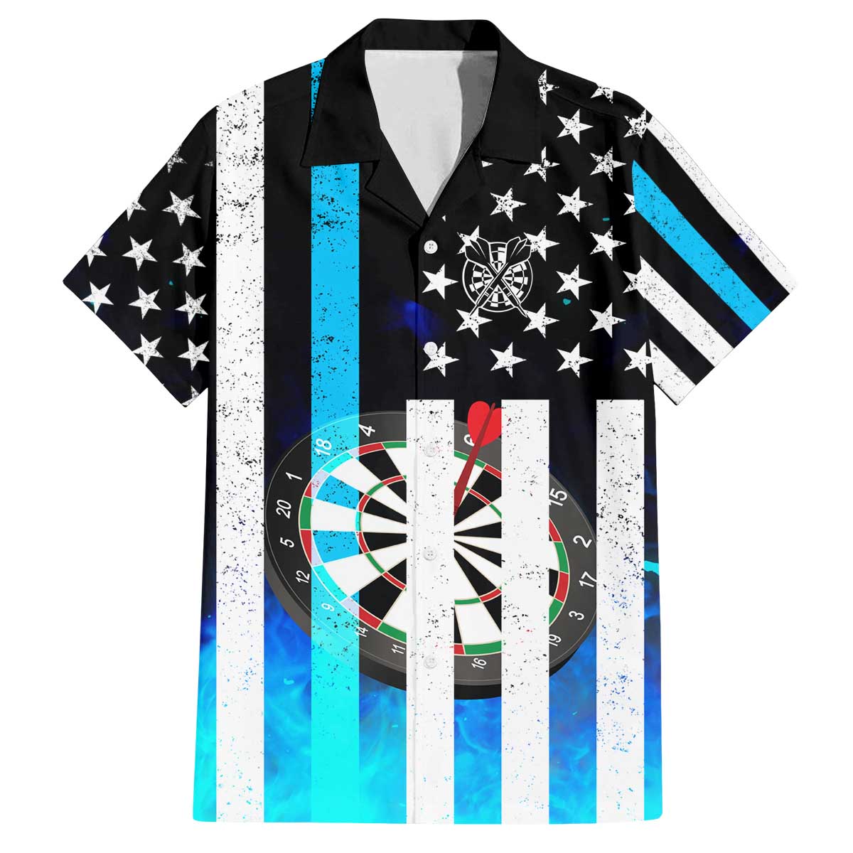 Personalized Blue Flame American Flag Dart Family Matching Off The Shoulder Long Sleeve Dress and Hawaiian Shirt Patriotic Dartboard Design - Wonder Print Shop