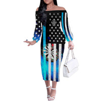 Personalized Blue Flame American Flag Dart Family Matching Off The Shoulder Long Sleeve Dress and Hawaiian Shirt Patriotic Dartboard Design - Wonder Print Shop