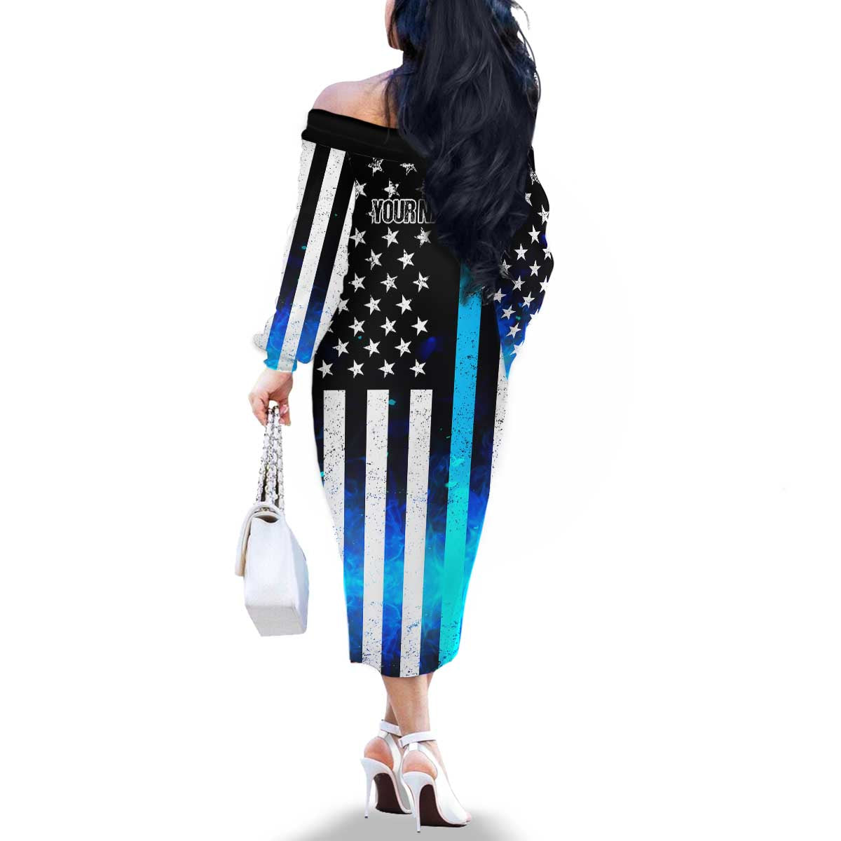 Personalized Blue Flame American Flag Dart Family Matching Off The Shoulder Long Sleeve Dress and Hawaiian Shirt Patriotic Dartboard Design - Wonder Print Shop