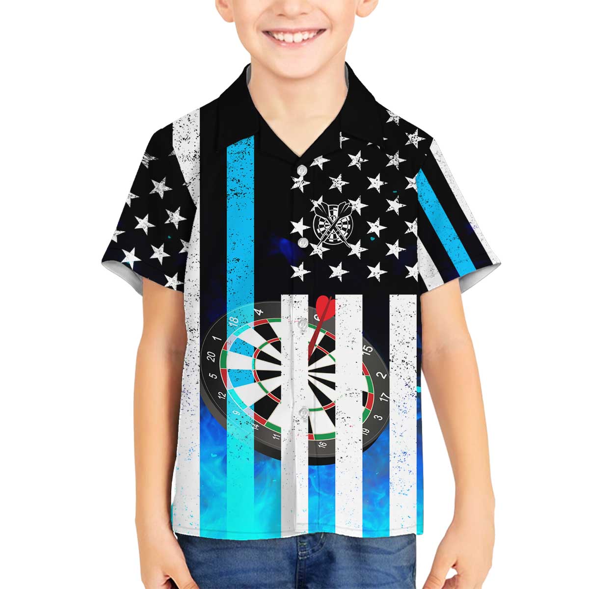 Personalized Blue Flame American Flag Dart Family Matching Off The Shoulder Long Sleeve Dress and Hawaiian Shirt Patriotic Dartboard Design - Wonder Print Shop