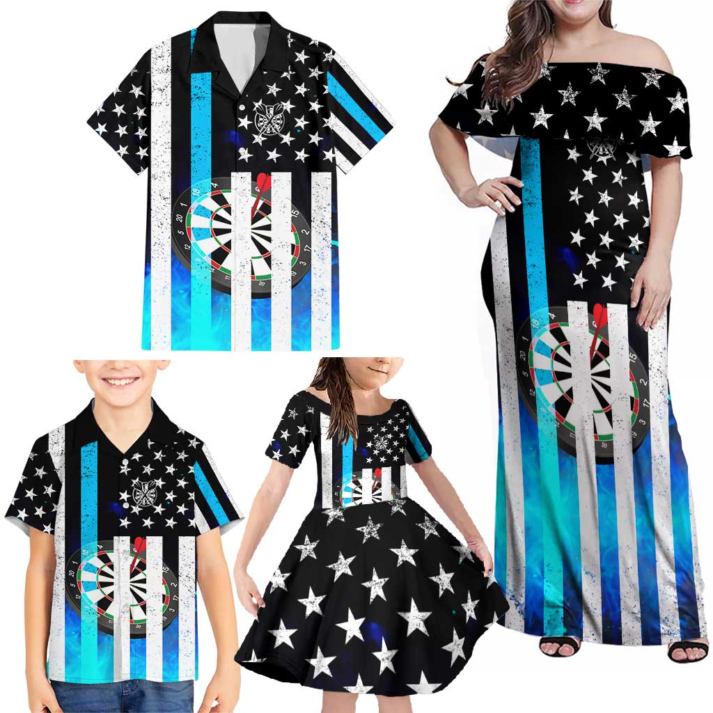 Personalized Blue Flame American Flag Dart Family Matching Off Shoulder Maxi Dress and Hawaiian Shirt Patriotic Dartboard Design - Wonder Print Shop
