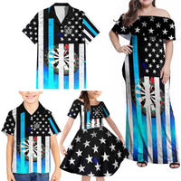 Personalized Blue Flame American Flag Dart Family Matching Off Shoulder Maxi Dress and Hawaiian Shirt Patriotic Dartboard Design - Wonder Print Shop