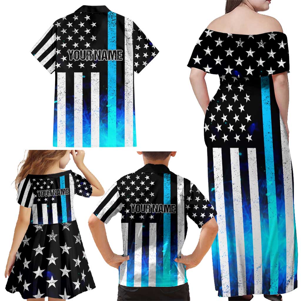 Personalized Blue Flame American Flag Dart Family Matching Off Shoulder Maxi Dress and Hawaiian Shirt Patriotic Dartboard Design - Wonder Print Shop