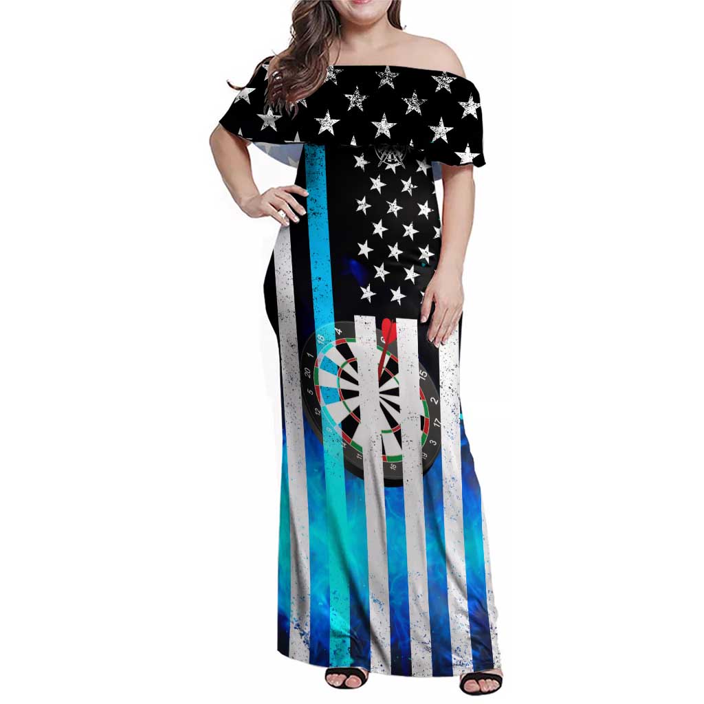 Personalized Blue Flame American Flag Dart Family Matching Off Shoulder Maxi Dress and Hawaiian Shirt Patriotic Dartboard Design - Wonder Print Shop