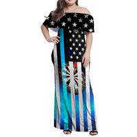 Personalized Blue Flame American Flag Dart Family Matching Off Shoulder Maxi Dress and Hawaiian Shirt Patriotic Dartboard Design - Wonder Print Shop