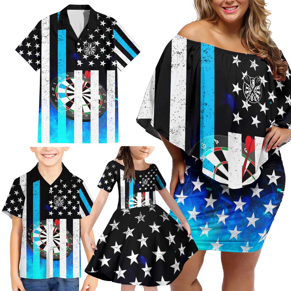Personalized Blue Flame American Flag Dart Family Matching Off Shoulder Short Dress and Hawaiian Shirt Patriotic Dartboard Design - Wonder Print Shop
