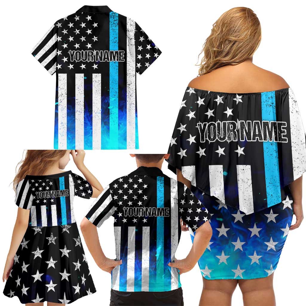 Personalized Blue Flame American Flag Dart Family Matching Off Shoulder Short Dress and Hawaiian Shirt Patriotic Dartboard Design - Wonder Print Shop