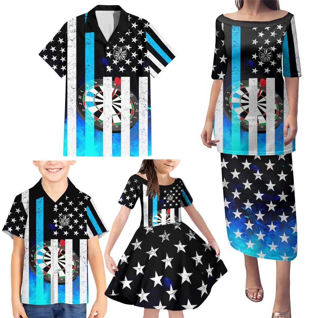 Personalized Blue Flame American Flag Dart Family Matching Puletasi and Hawaiian Shirt Patriotic Dartboard Design - Wonder Print Shop