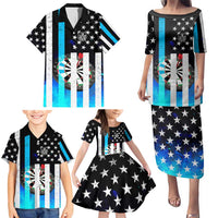 Personalized Blue Flame American Flag Dart Family Matching Puletasi and Hawaiian Shirt Patriotic Dartboard Design - Wonder Print Shop