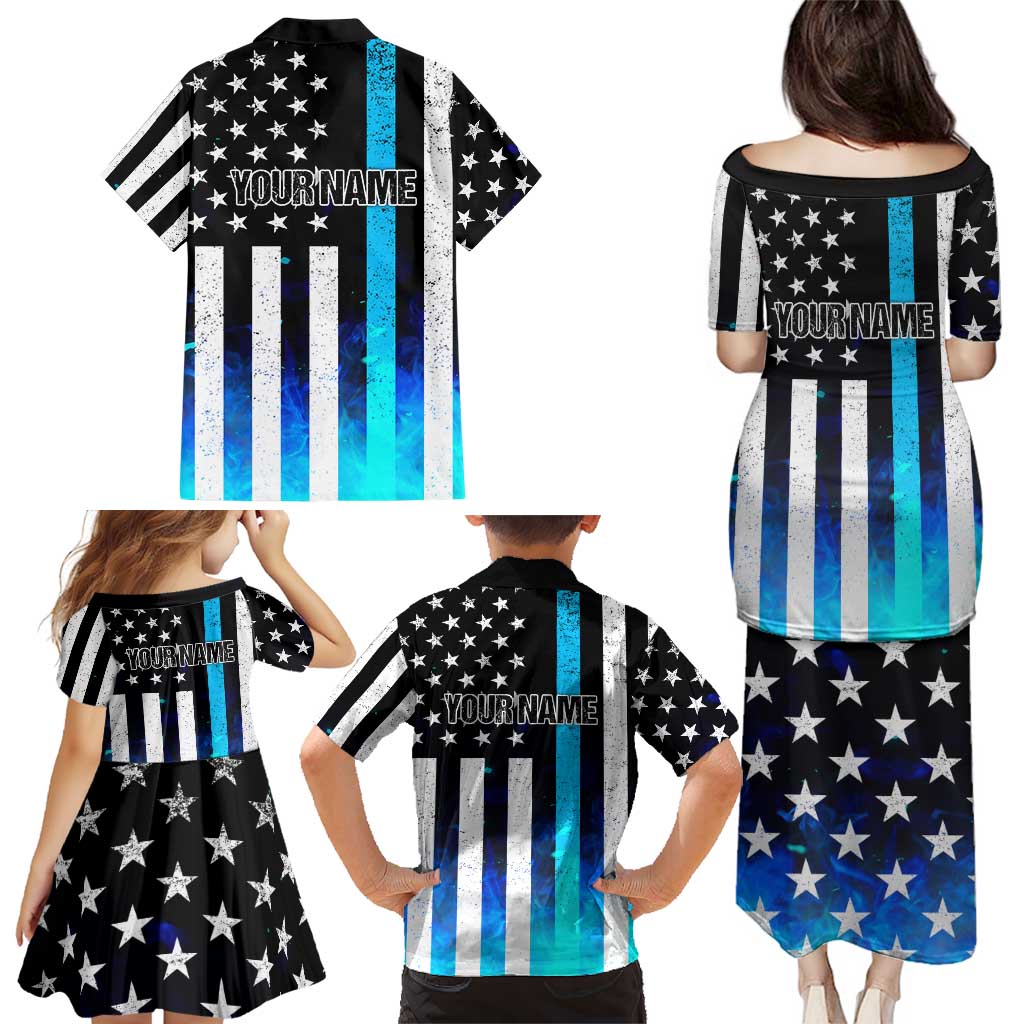 Personalized Blue Flame American Flag Dart Family Matching Puletasi and Hawaiian Shirt Patriotic Dartboard Design - Wonder Print Shop