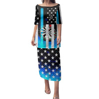 Personalized Blue Flame American Flag Dart Family Matching Puletasi and Hawaiian Shirt Patriotic Dartboard Design - Wonder Print Shop