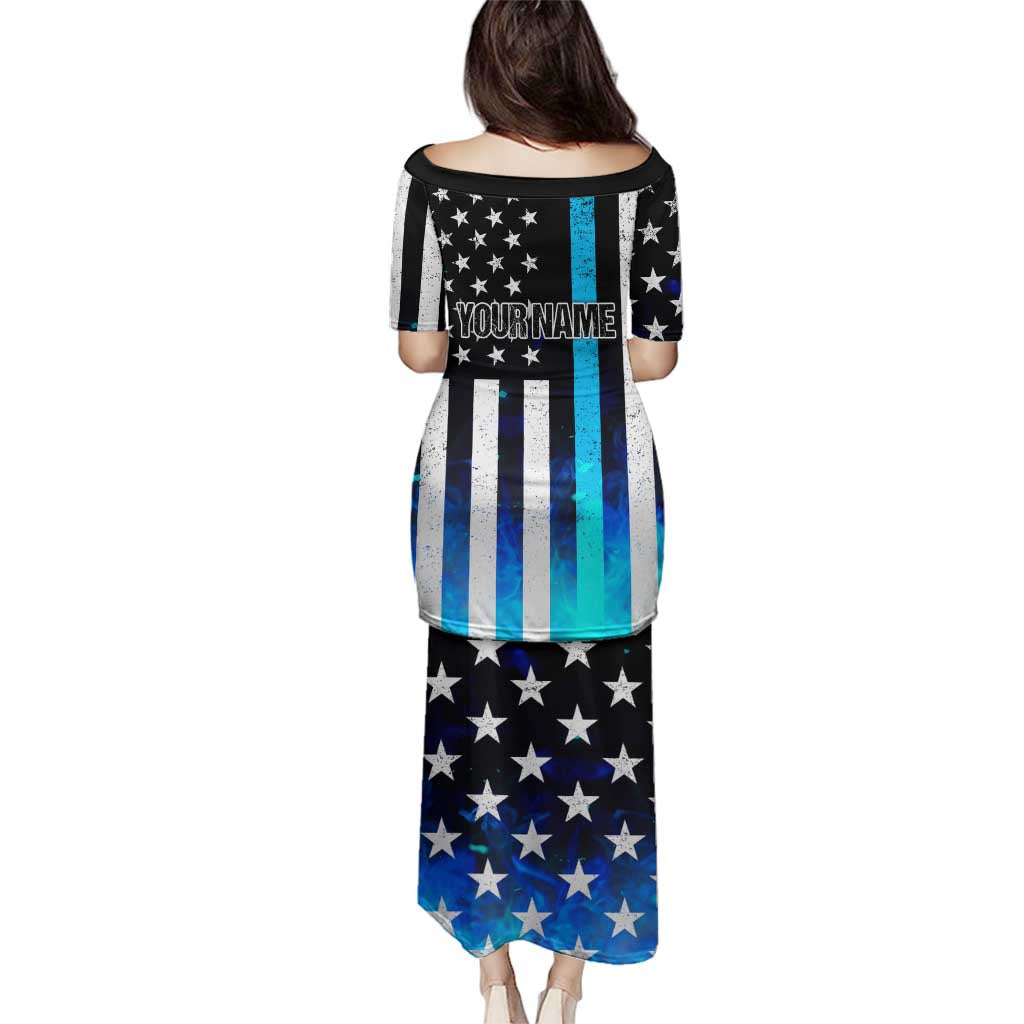 Personalized Blue Flame American Flag Dart Family Matching Puletasi and Hawaiian Shirt Patriotic Dartboard Design - Wonder Print Shop