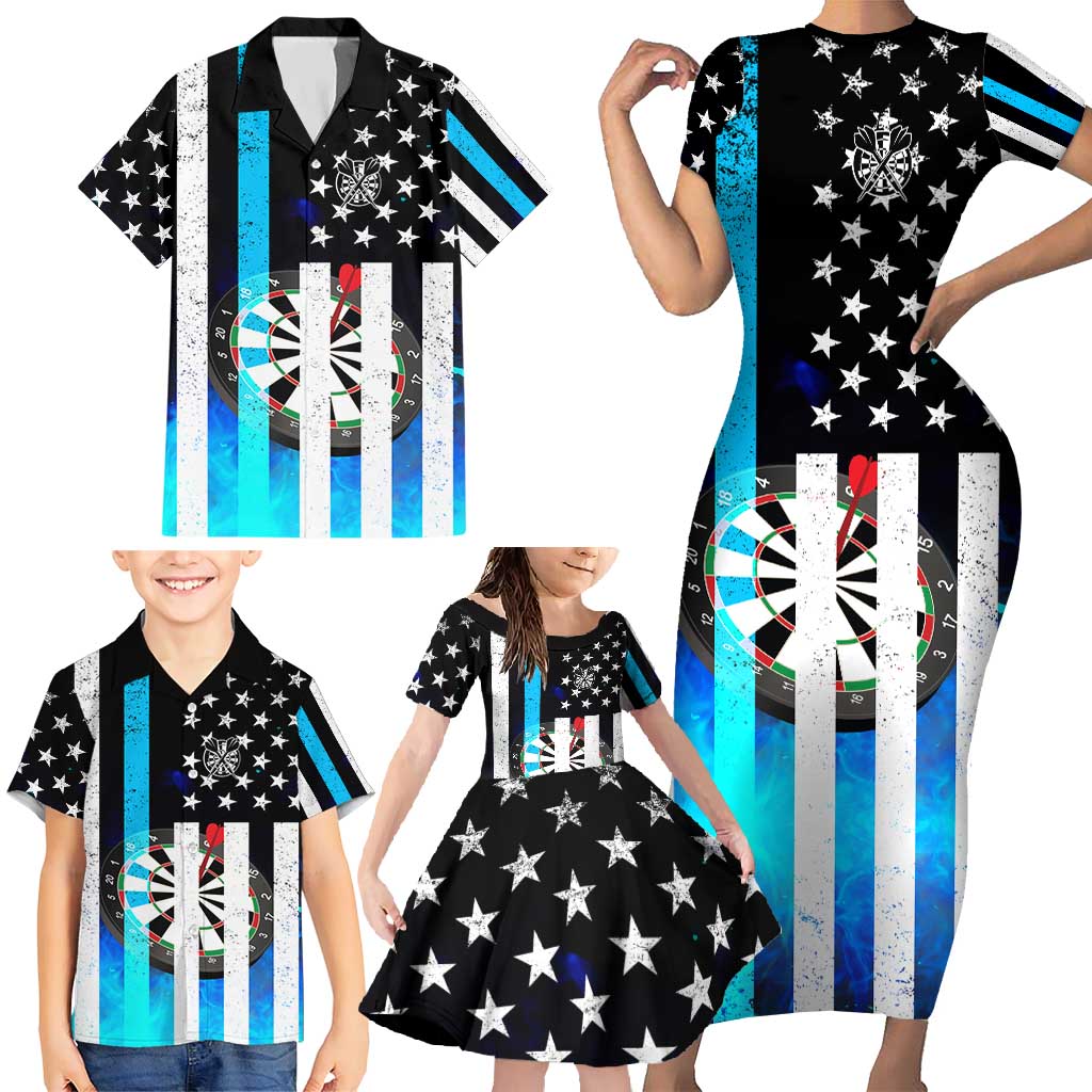 Personalized Blue Flame American Flag Dart Family Matching Short Sleeve Bodycon Dress and Hawaiian Shirt Patriotic Dartboard Design - Wonder Print Shop