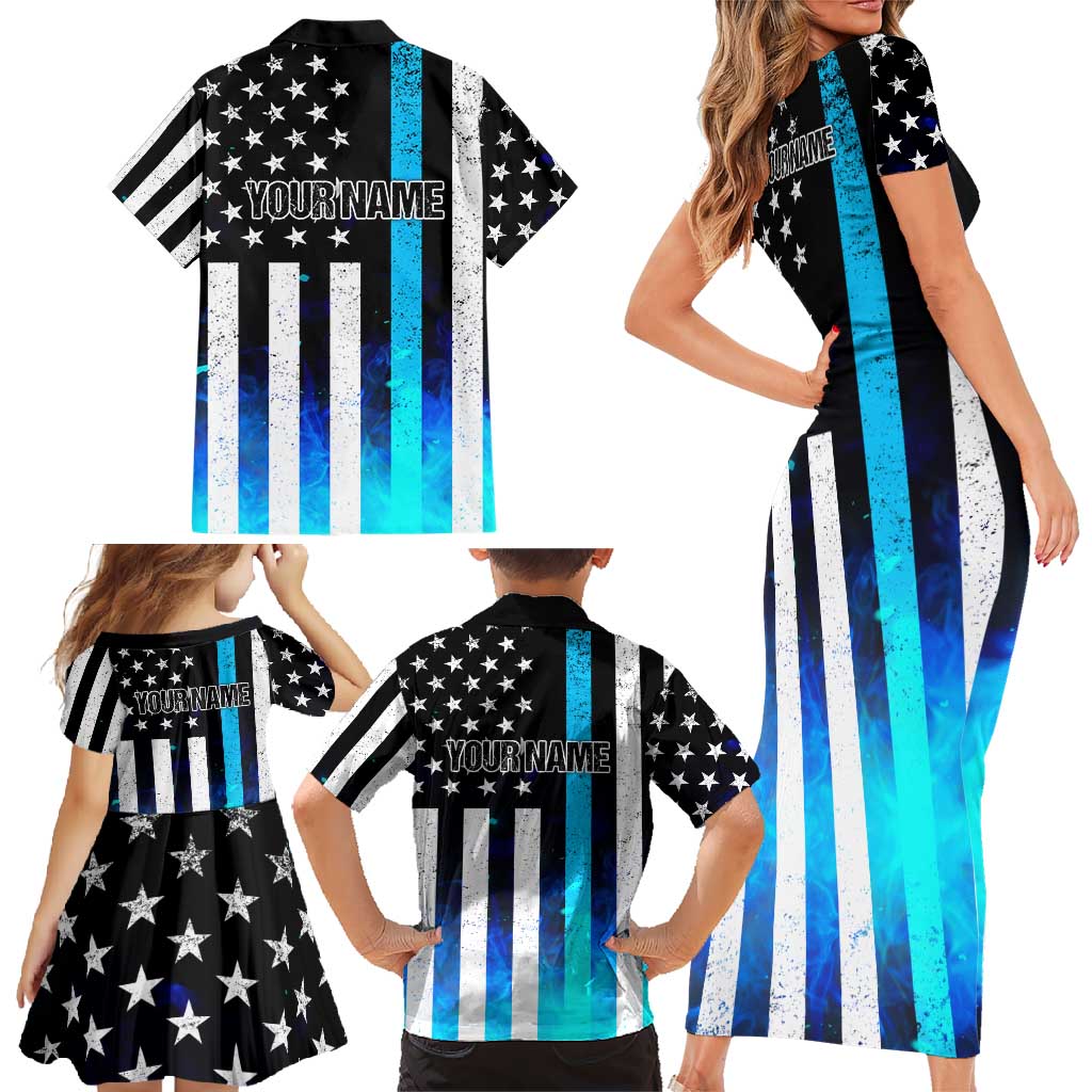 Personalized Blue Flame American Flag Dart Family Matching Short Sleeve Bodycon Dress and Hawaiian Shirt Patriotic Dartboard Design - Wonder Print Shop