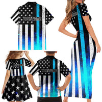 Personalized Blue Flame American Flag Dart Family Matching Short Sleeve Bodycon Dress and Hawaiian Shirt Patriotic Dartboard Design - Wonder Print Shop