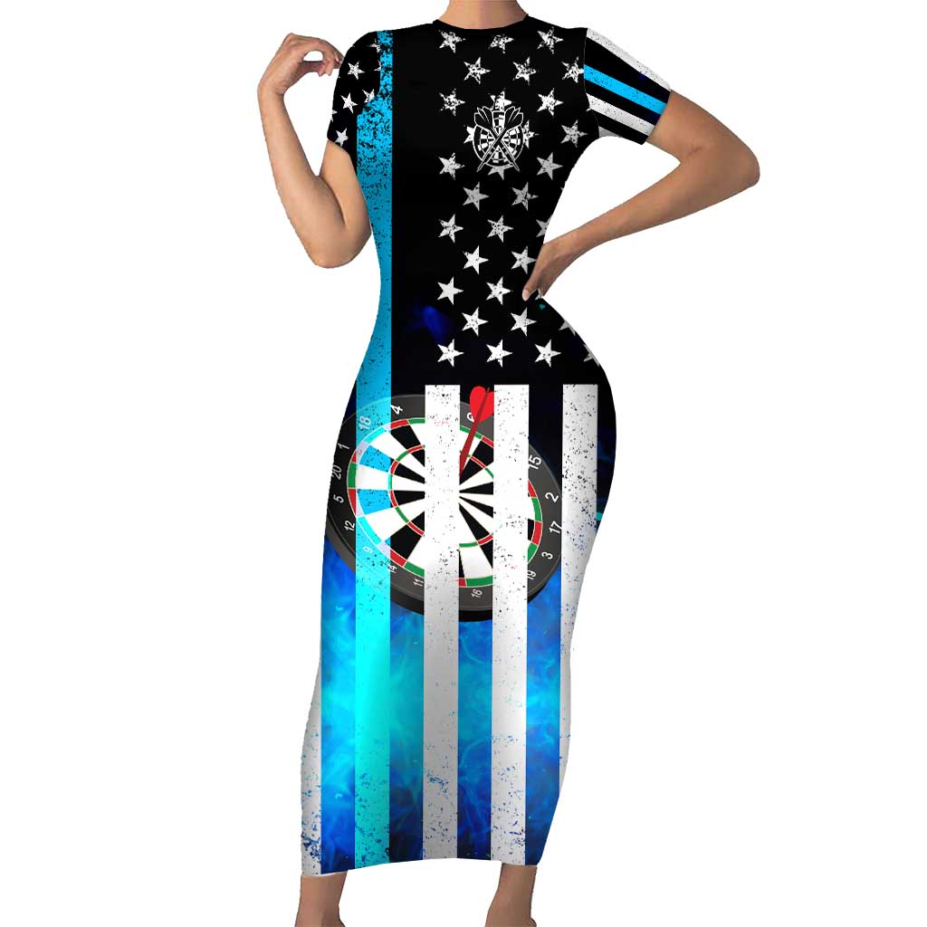 Personalized Blue Flame American Flag Dart Family Matching Short Sleeve Bodycon Dress and Hawaiian Shirt Patriotic Dartboard Design - Wonder Print Shop