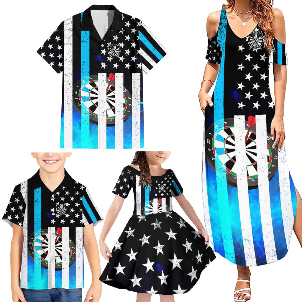 Personalized Blue Flame American Flag Dart Family Matching Summer Maxi Dress and Hawaiian Shirt Patriotic Dartboard Design - Wonder Print Shop