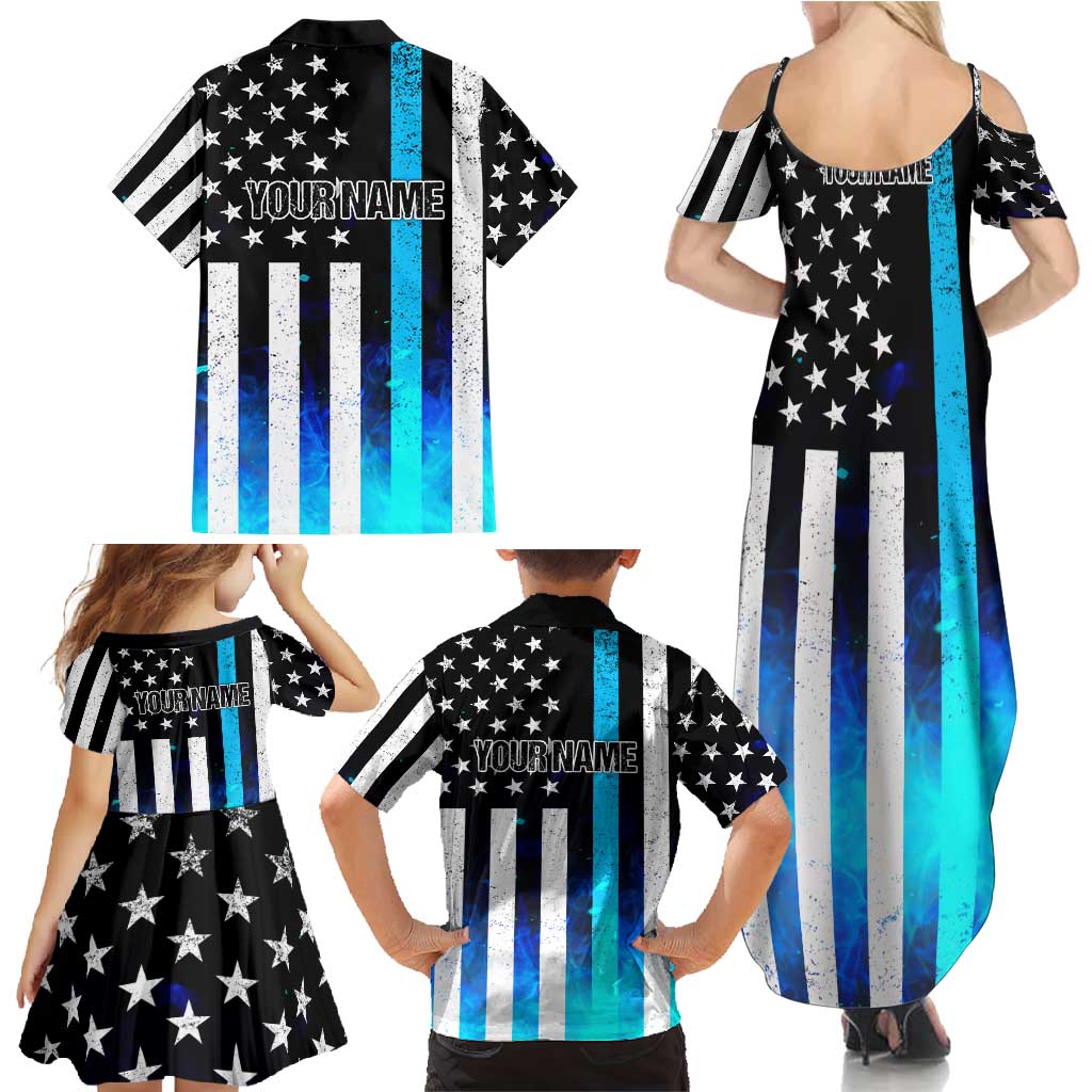 Personalized Blue Flame American Flag Dart Family Matching Summer Maxi Dress and Hawaiian Shirt Patriotic Dartboard Design - Wonder Print Shop