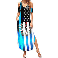 Personalized Blue Flame American Flag Dart Family Matching Summer Maxi Dress and Hawaiian Shirt Patriotic Dartboard Design - Wonder Print Shop