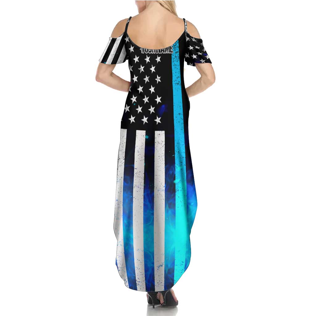 Personalized Blue Flame American Flag Dart Family Matching Summer Maxi Dress and Hawaiian Shirt Patriotic Dartboard Design - Wonder Print Shop