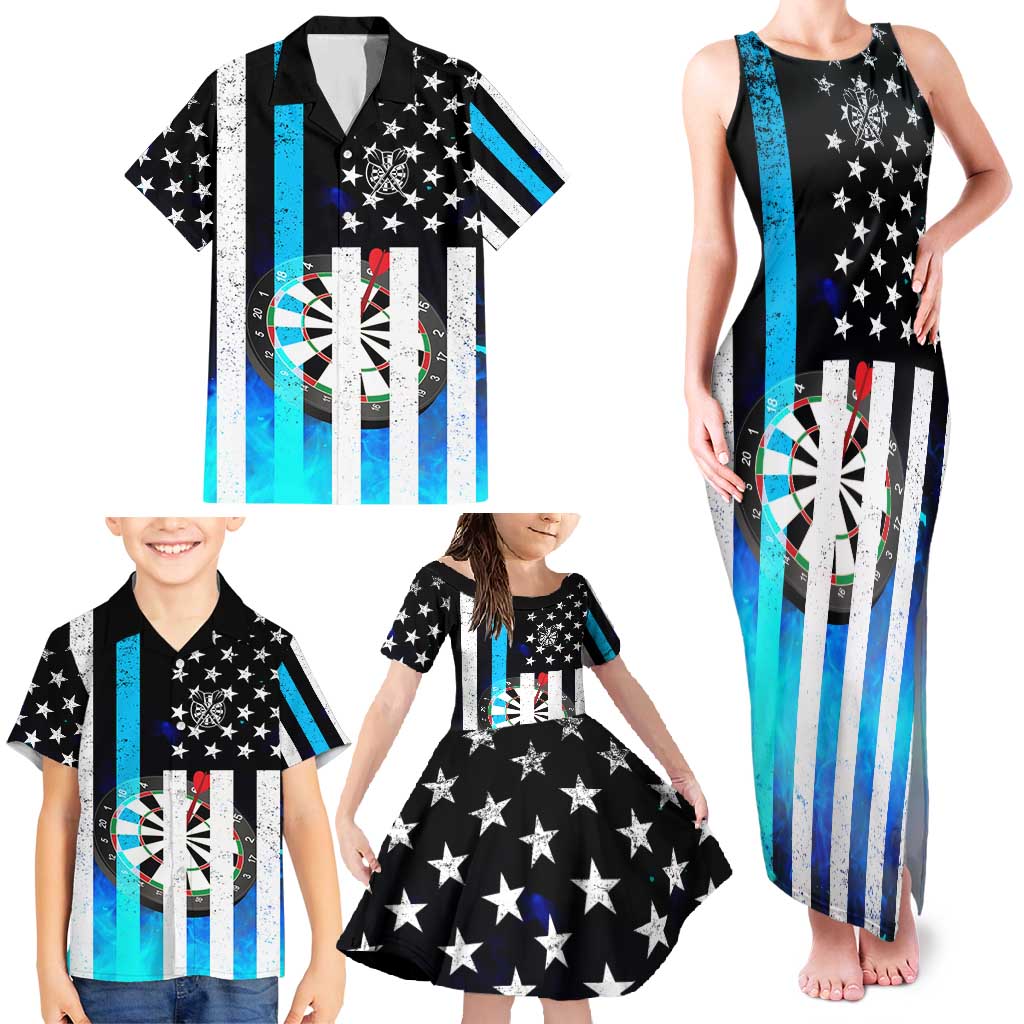 Personalized Blue Flame American Flag Dart Family Matching Tank Maxi Dress and Hawaiian Shirt Patriotic Dartboard Design - Wonder Print Shop
