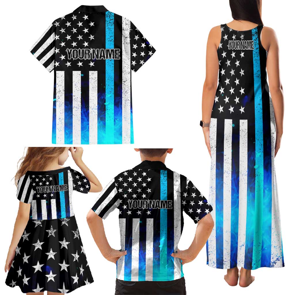 Personalized Blue Flame American Flag Dart Family Matching Tank Maxi Dress and Hawaiian Shirt Patriotic Dartboard Design - Wonder Print Shop