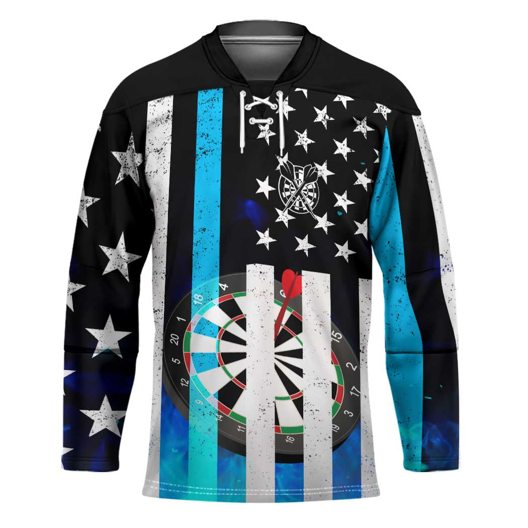 Personalized Blue Flame American Flag Dart Hockey Jersey Patriotic Dartboard Design - Wonder Print Shop